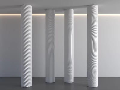 Four White Spiral Textured Columns In Modern Minimalist Interior Design 3d model