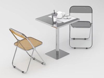 Two Folding Leisure Chairs with Metal Frame in Brown and Gray Near Square Table 3d model