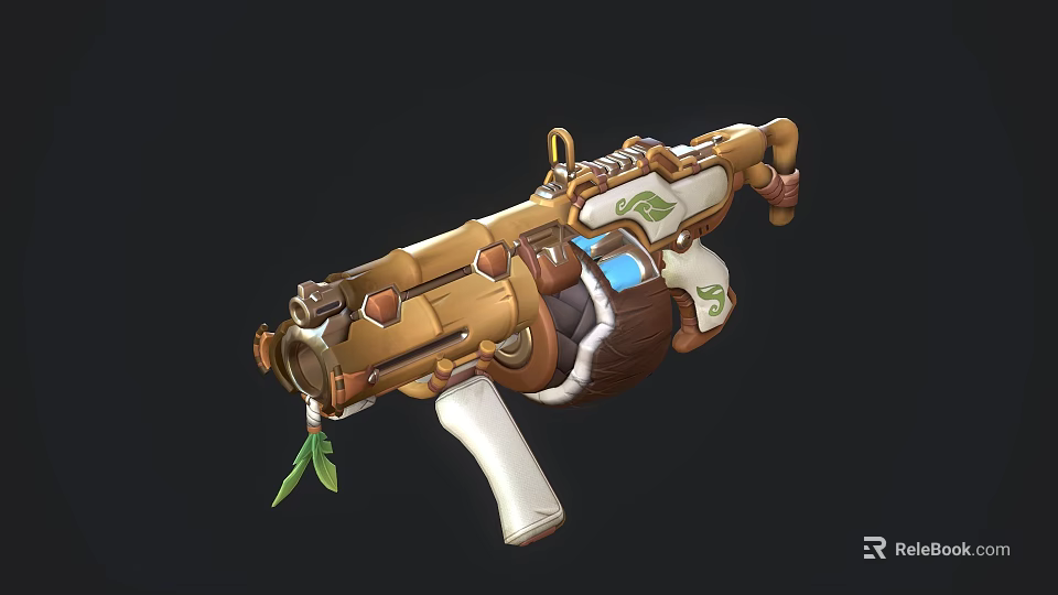 Detailed Mechanical Gun With Golden Brown White Design And Green Leaf Ornaments 3d model 