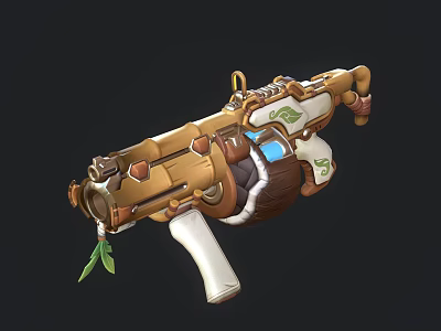 Detailed Mechanical Gun With Golden Brown White Design And Green Leaf Ornaments 3d model