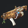 Detailed Mechanical Gun With Golden Brown White Design And Green Leaf Ornaments