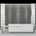 Modern Reception Desk With White Marble Countertop And Dark Striped Backdrop Wall Lights