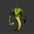 Fantasy Serpent Warrior 3D Model With Green Body Orange Mane Spear And Wooden Shield