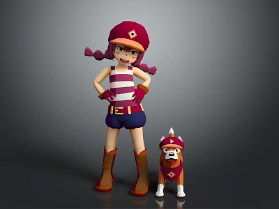 Girl With Red Cap Pigtails Striped Top Shorts Boots Standing With Dog In Red Collar 3d model