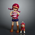 Girl With Red Cap Pigtails Striped Top Shorts Boots Standing With Dog In Red Collar