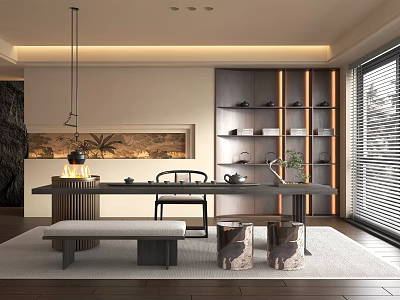 Modern Tea Room Interior With Long Table Tea Sets Bookshelves And Decorative Painting 3d model