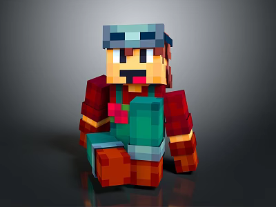 Pixel Style Train Driver Character Sitting In Red Shirt And Green Overalls 3d model