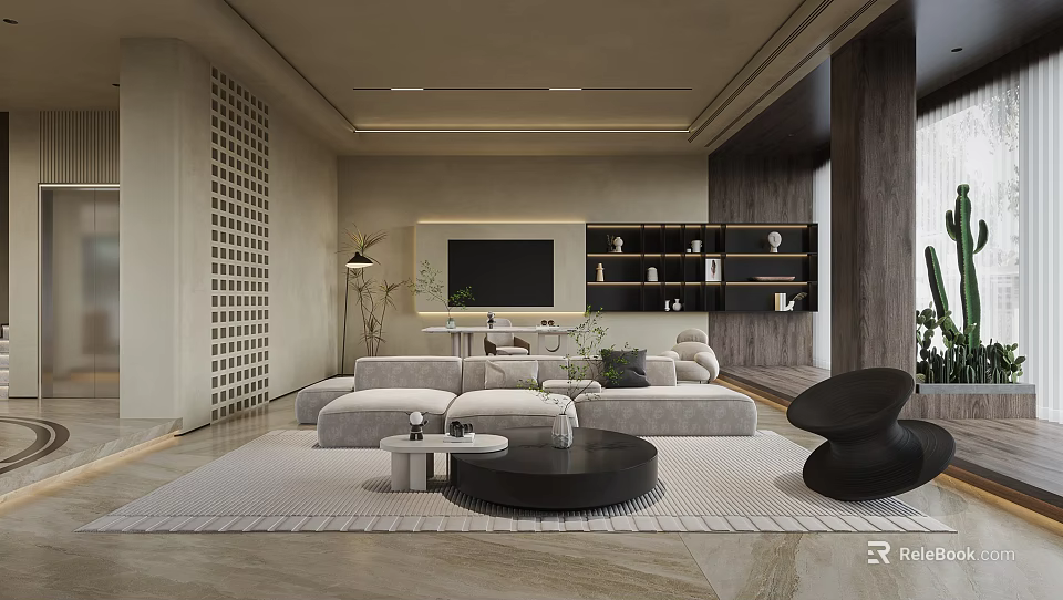 Modern Living Room Interior Design With Light Sofa Round Coffee Table TV Wall Shelves And Decorative Plants 3d model 