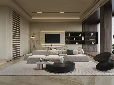 Modern Living Room Interior Design With Light Sofa Round Coffee Table TV Wall Shelves And Decorative Plants 3d model