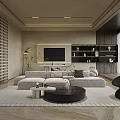 Modern Living Room Interior Design With Light Sofa Round Coffee Table TV Wall Shelves And Decorative Plants