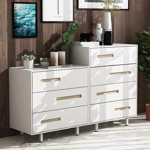 White Console Sideboard Cabinet With Golden Handles Drawers And Decorative Items On Wooden Wall 3d model 