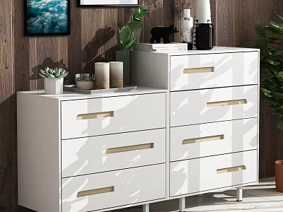 White Console Sideboard Cabinet With Golden Handles Drawers And Decorative Items On Wooden Wall 3d model