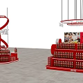 Red Beverage Display Shelves With Multiple Layers Holding Bottles In Store Promotion