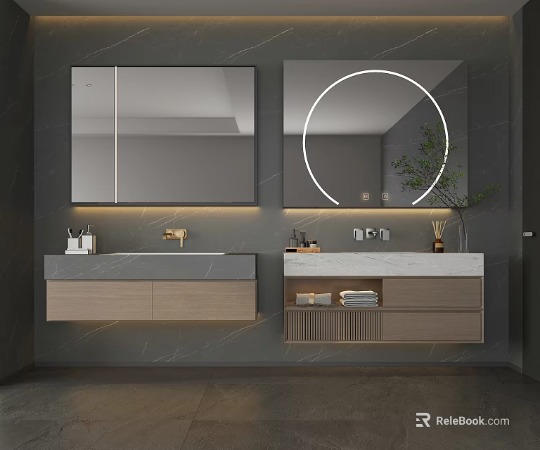 Modern Bathroom Double Washbasin Vanity With Round Square Mirrors Wooden Cabinets Marble Countertop 3d model 