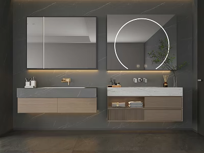 Modern Bathroom Double Washbasin Vanity With Round Square Mirrors Wooden Cabinets Marble Countertop 3d model