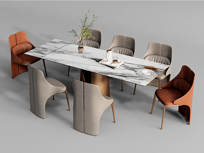 Light Luxury Dining Table and Chair Combination Dining Table and Chair Dining Table Dining Chair Plant Decoration Long Table 3d model