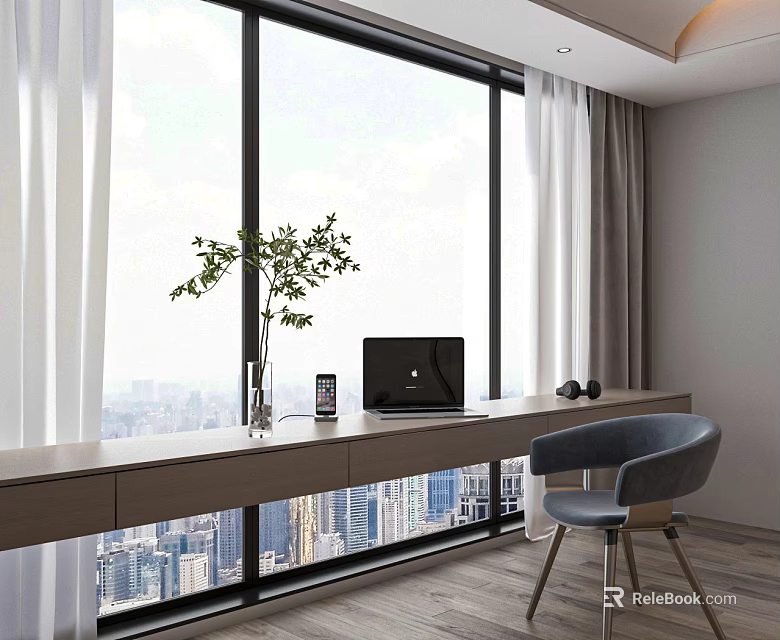 Modern Home Office Desk with Large Window City View Laptop Gray Chair and Green Plant 3d model 