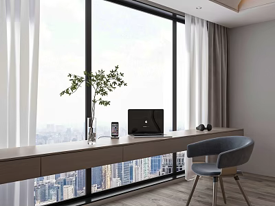 Modern Home Office Desk with Large Window City View Laptop Gray Chair and Green Plant 3d model