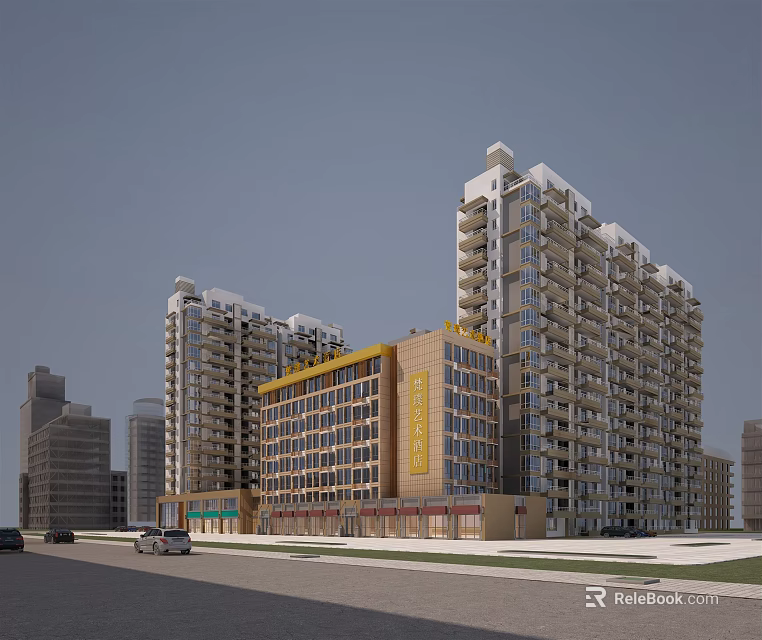Modern Commercial Street with High Rise Buildings and Retail Shops in Urban Area 3d model 