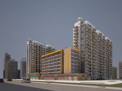 Modern Commercial Street with High Rise Buildings and Retail Shops in Urban Area 3d model