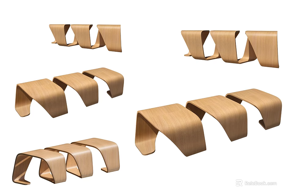 Modern Wooden Stools With Curved Design Arranged In Different Sets For Home Decor 3d model 