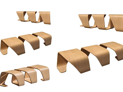 Modern Wooden Stools With Curved Design Arranged In Different Sets For Home Decor 3d model