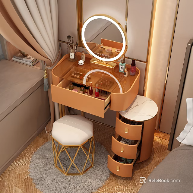 Elegant Brown Dressing Table with Round Mirror Open Drawers and Gold Stool 3d model 