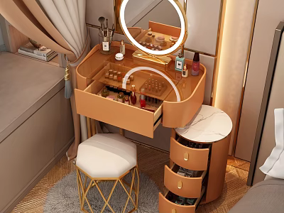 Elegant Brown Dressing Table with Round Mirror Open Drawers and Gold Stool 3d model