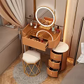 Elegant Brown Dressing Table with Round Mirror Open Drawers and Gold Stool 3d model