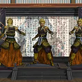 Three Game Movie Characters In Ancient Armor With Golden Hair And Calligraphy Background