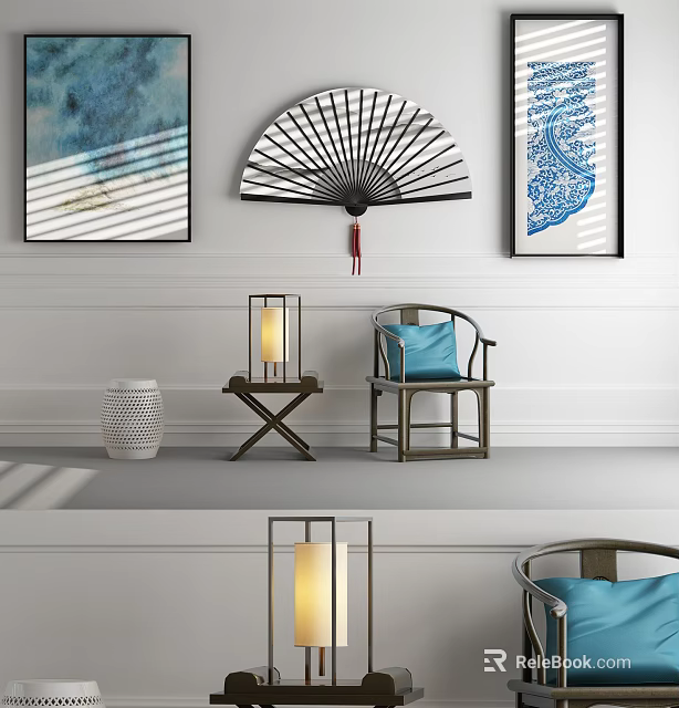 Chinese Style Single Sofa With Blue Cushion Lantern Lamp Fan Wall Art And Side Table 3d model 