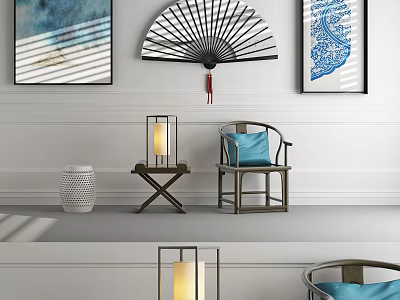 Chinese Style Single Sofa With Blue Cushion Lantern Lamp Fan Wall Art And Side Table 3d model
