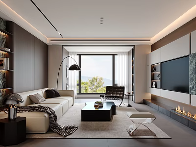 Modern Living Dining Room Interior With Sofa Coffee Table TV Wall And Fireplace 3d model