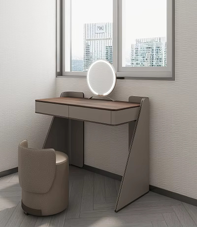Modern Dressing Table With Round Lighted Mirror Wooden Top And Padded Chair 3d model