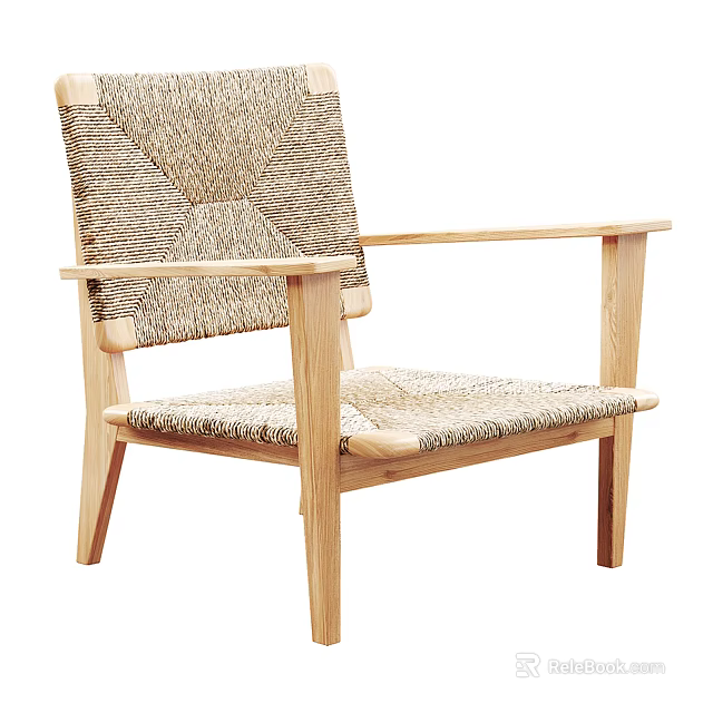 Natural Wooden Leisure Chair With Woven Seat Backrest And Armrests Design 3d model 