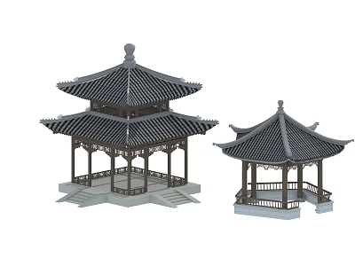 Traditional Chinese Garden Pavilions With Multi Layered Roofs And Wooden Frames 3d model