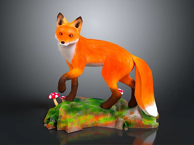 Vibrant Orange and White Fox Game Movie Character With Green Base And Red Mushrooms 3d model