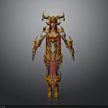 Mythical Female Warrior Character in Ornate Red and Gold Armor With Horns and Flame Details