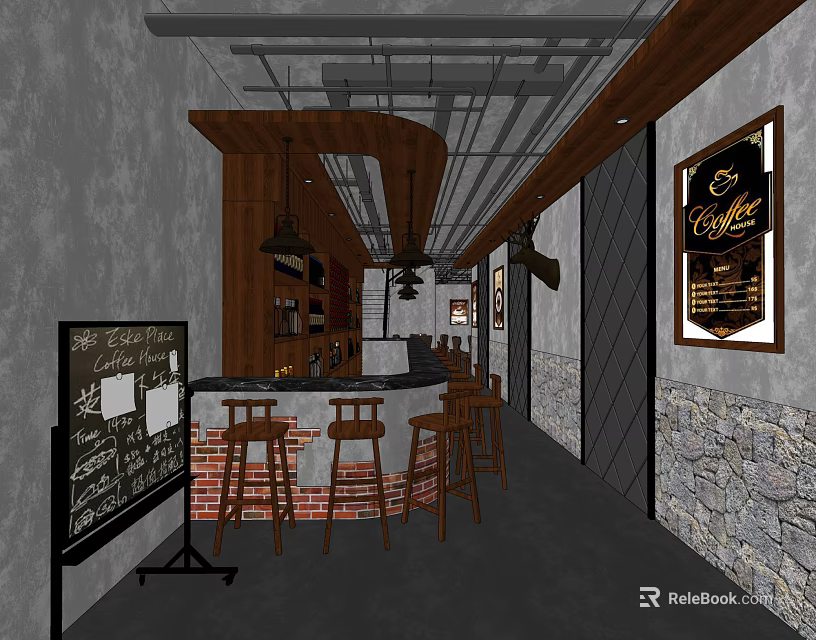 Industrial Bar Interior With Wooden Counter Stools Chalkboard Menu Pendant Lighting And Brick Wall 3d model 