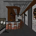 Industrial Bar Interior With Wooden Counter Stools Chalkboard Menu Pendant Lighting And Brick Wall