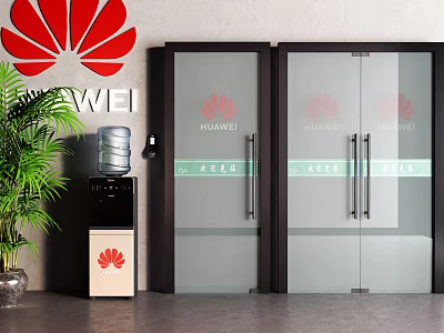Glass Double Doors With HUAWEI Logo Black Frame And Water Dispenser Green Plant Interior 3d model