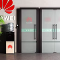 Glass Double Doors With HUAWEI Logo Black Frame And Water Dispenser Green Plant Interior