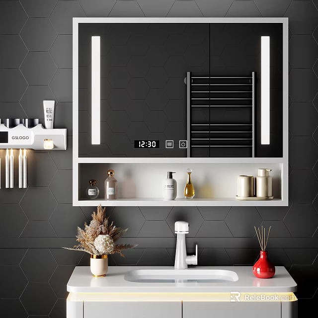 Bathroom Vanity with Backlit Mirror Black Hexagonal Tile Wall Shelf Decorative Bottles and Digital Clock 3d model 