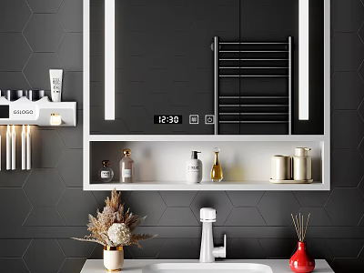 Bathroom Vanity with Backlit Mirror Black Hexagonal Tile Wall Shelf Decorative Bottles and Digital Clock 3d model