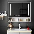 Bathroom Vanity with Backlit Mirror Black Hexagonal Tile Wall Shelf Decorative Bottles and Digital Clock