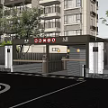 Underground Garage Entrance With High Rise Buildings Trees And Ground Marker