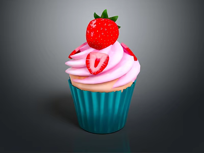 Delicious Cupcake With Pink Frosting Whole Strawberry And Sliced Strawberry On Teal Paper Cup 3d model