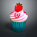 Delicious Cupcake With Pink Frosting Whole Strawberry And Sliced Strawberry On Teal Paper Cup