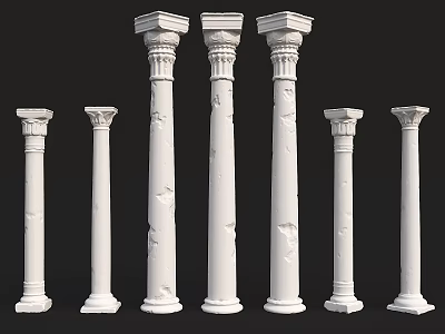 Classic Roman Columns in Various Sizes with Ornate Details and White Finish 3d model