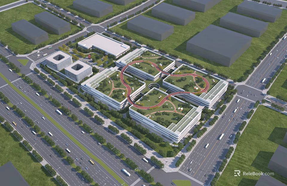 Modern Industrial Factory Building Complex With Green Areas Road Networks And Multiple Structures 3d model